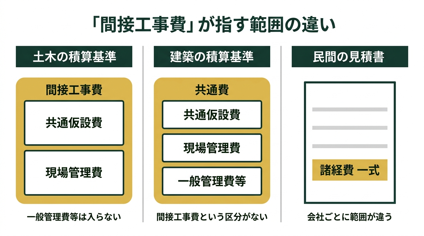 土木の積算基準・建築の積算基準・民間の見積書で「間接工事費」が指す範囲が違うことを3列で比較した図