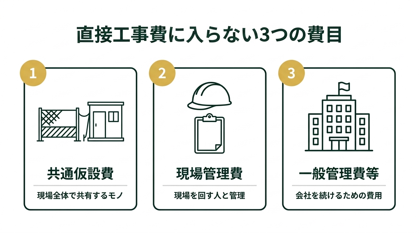 共通仮設費・現場管理費・一般管理費等の3費目と、それぞれの性格を並べた図