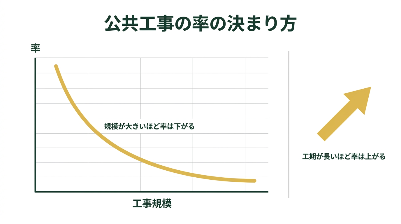 公共工事の間接工事費の率が工事規模が大きいほど下がり工期が長いほど上がることを示したグラフ風の図