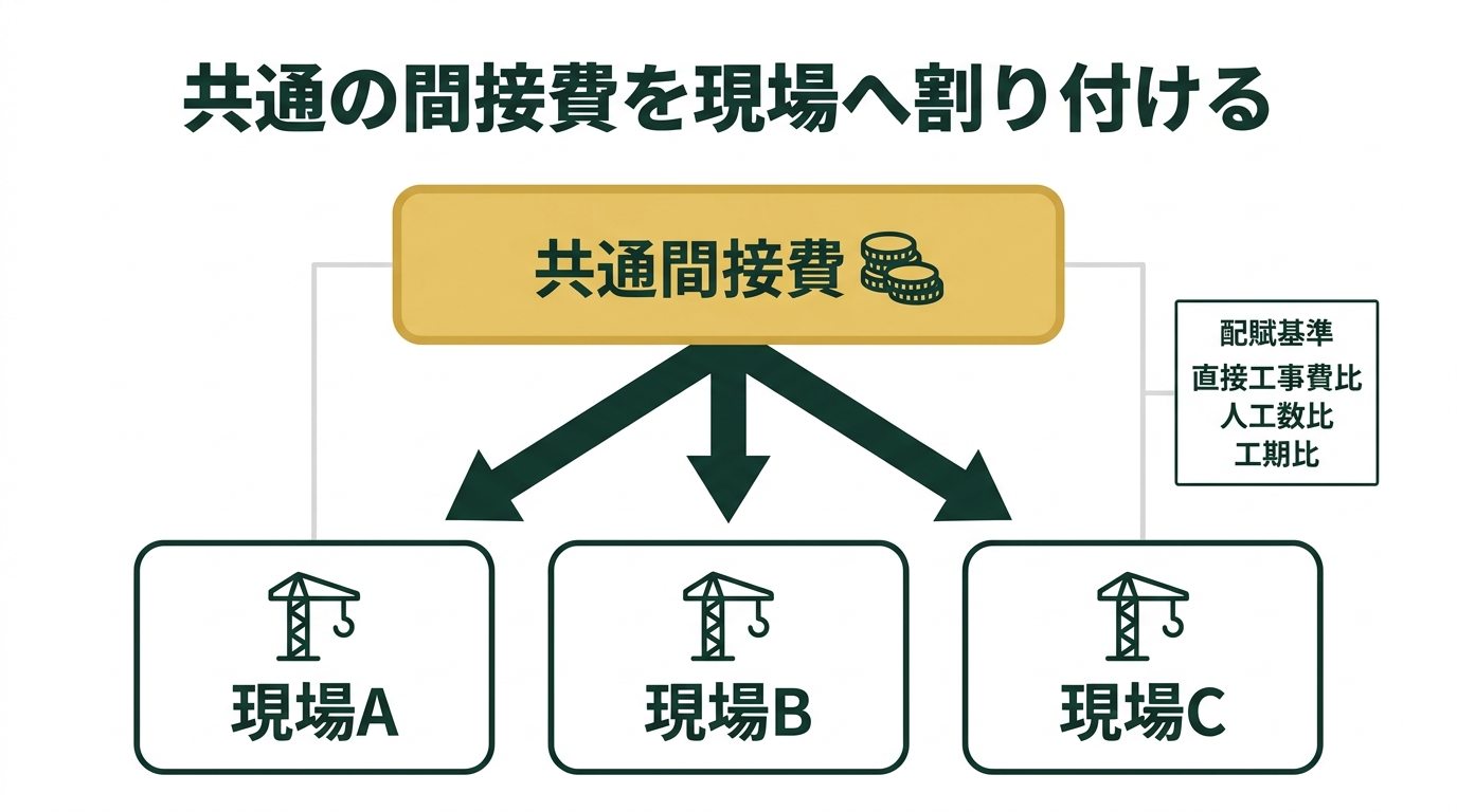 3つの現場に共通する間接費を直接工事費比・人工数比・工期比のいずれかの基準で各工事に配賦する流れを示した図