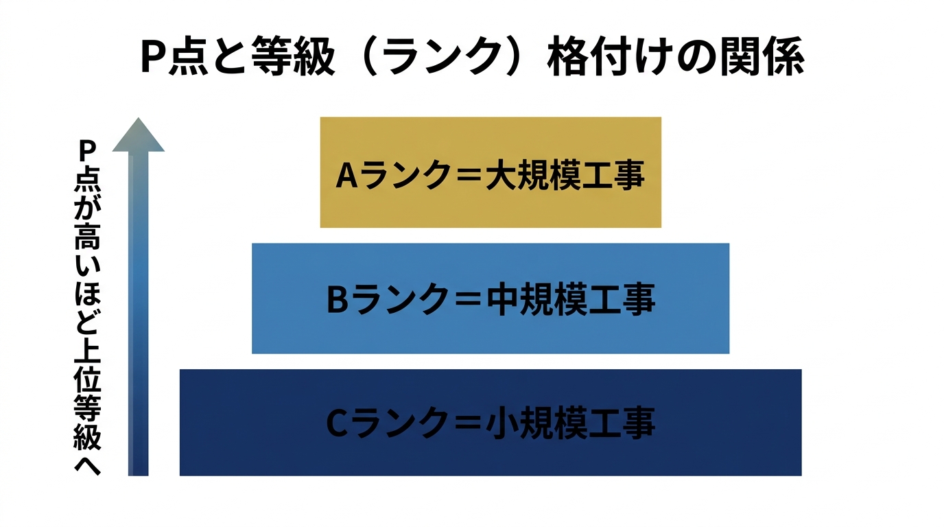 P点が高いほど上位等級へ進む格付けの関係を、C・B・Aランクと工事規模で示した階段状のピラミッド図