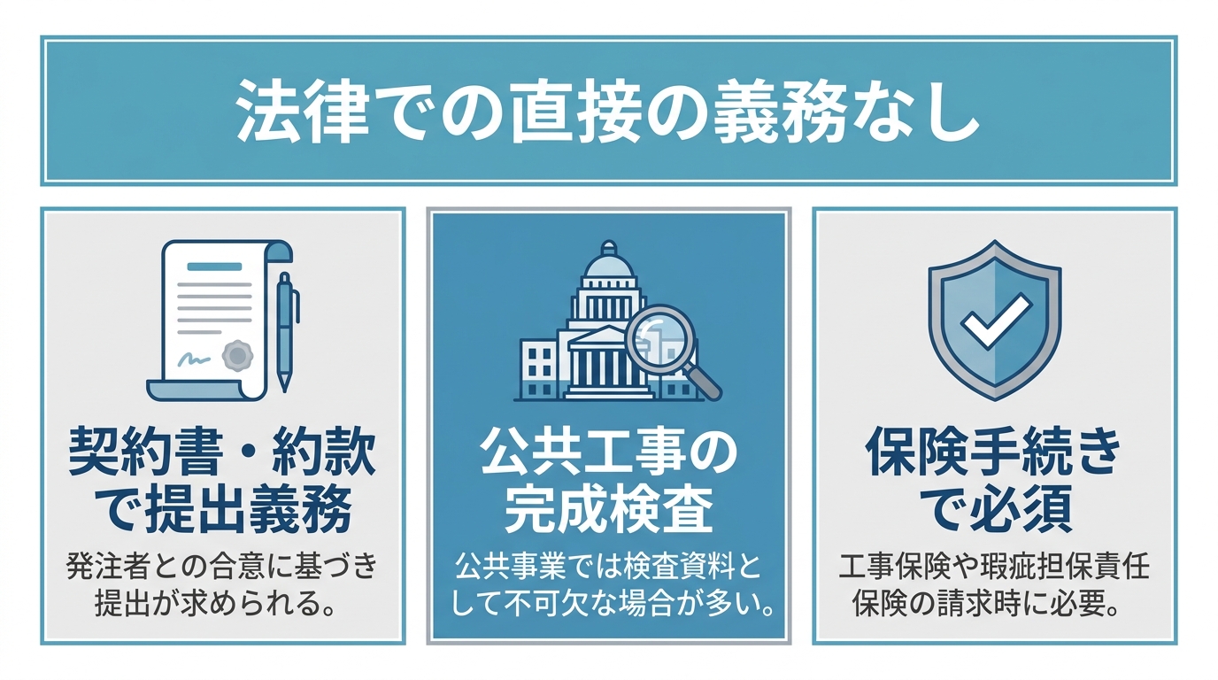 工事完了報告書の位置づけ。法律上の直接義務はなく契約書や検査・保険手続きで必要になる図解