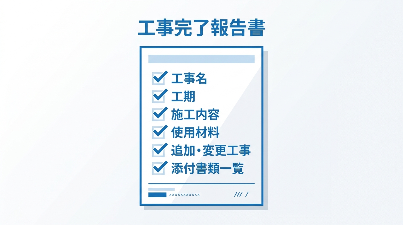 工事完了報告書の記載項目一覧。工事名、工期、施工内容、使用材料、添付書類などをチェック形式で示した図