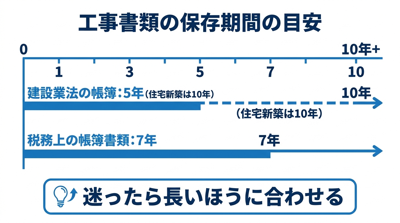 工事書類の保存期間の比較図。建設業法の帳簿5年（住宅新築10年）と税務書類7年のタイムライン