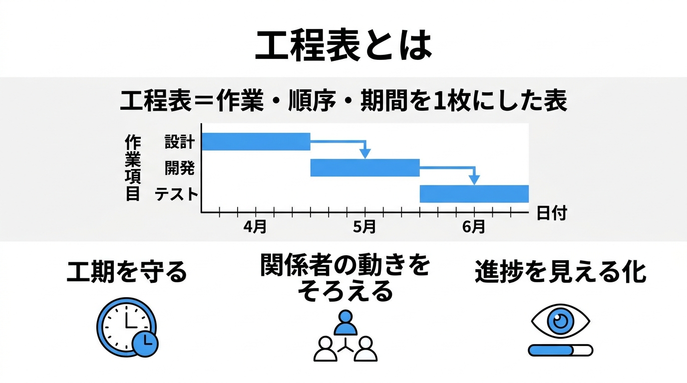 工程表の概念図と「工期を守る・関係者の動きをそろえる・進捗を見える化」の3つの目的を示す図解