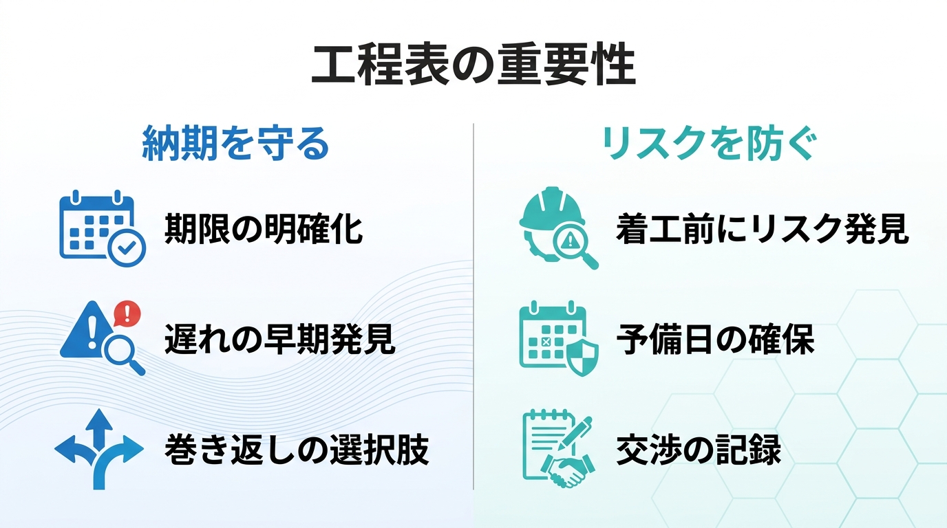 工程表の重要性を「納期を守る」と「リスクを防ぐ」の2カラムで比較した図解