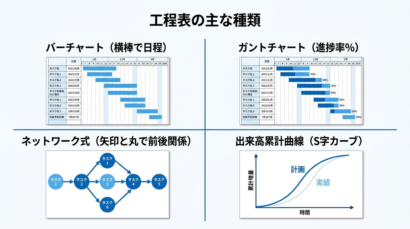 バーチャート・ガントチャート・ネットワーク式・出来高累計曲線の4種類の工程表を図式付きで紹介する図解