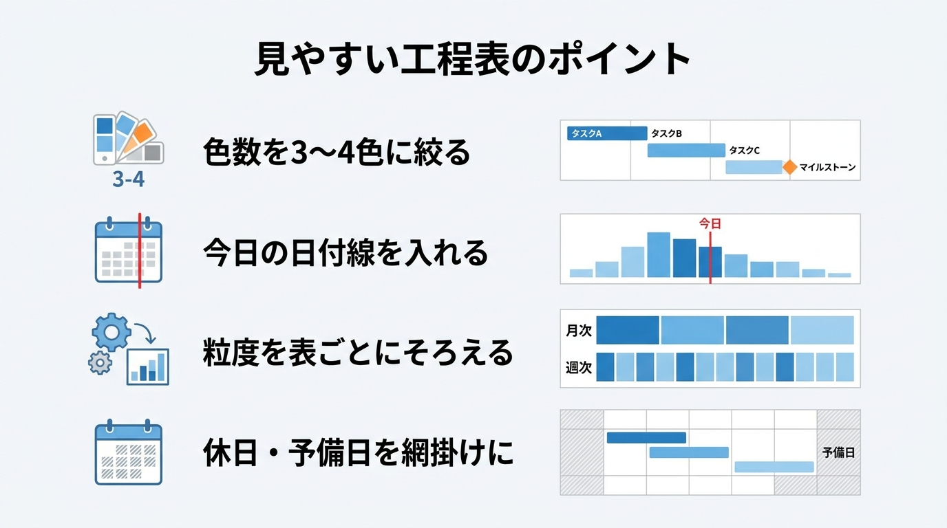 色数を絞る・日付線・粒度統一・休日の網掛けなど見やすい工程表の4つのポイントの図解