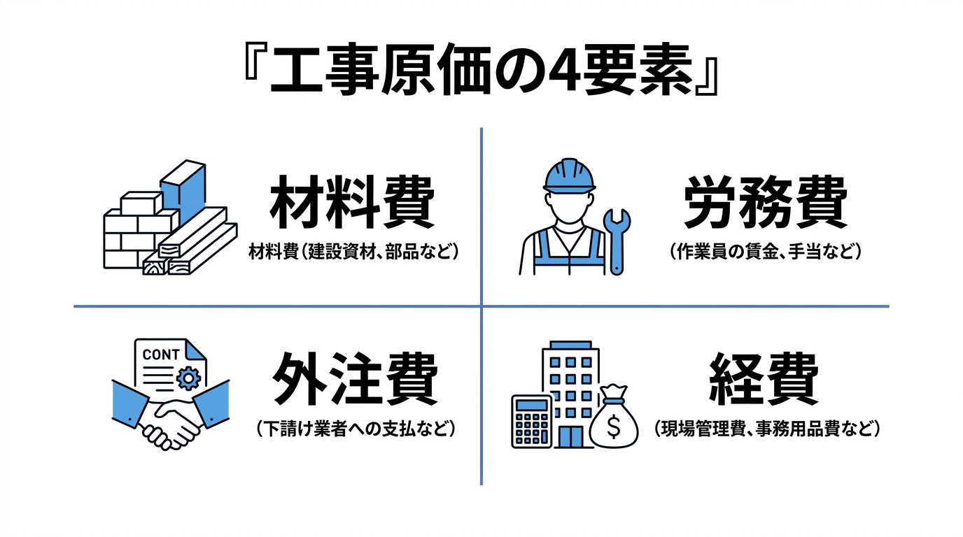 未成工事支出金に含まれる工事原価の4要素（材料費・労務費・外注費・経費）をアイコンで整理したグリッド図