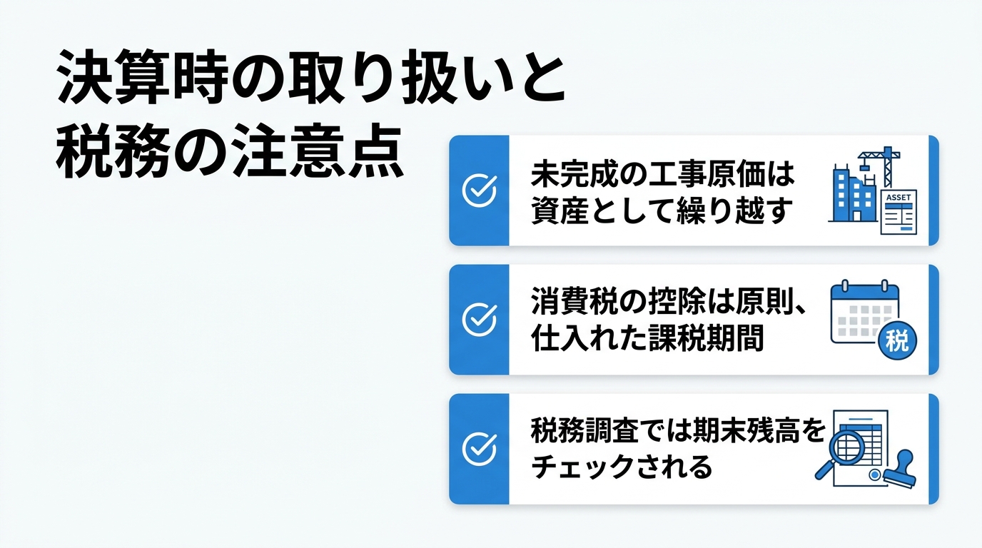 決算時の3つの注意点（未完成分は資産計上・消費税は仕入時に控除・税務調査で期末残高を確認）をまとめた図