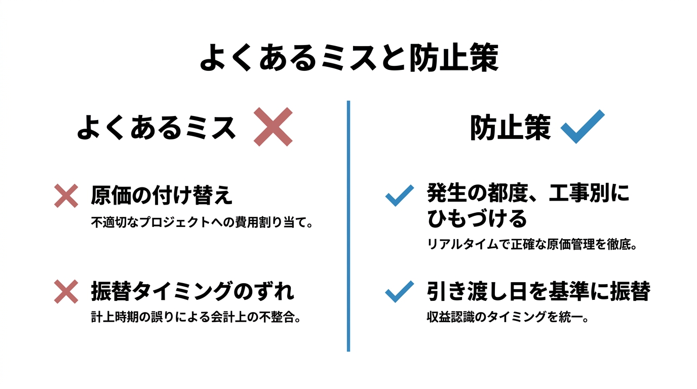 未成工事支出金でよくあるミス（原価の付け替え・振替タイミングのずれ）と防止策を左右で対比した図