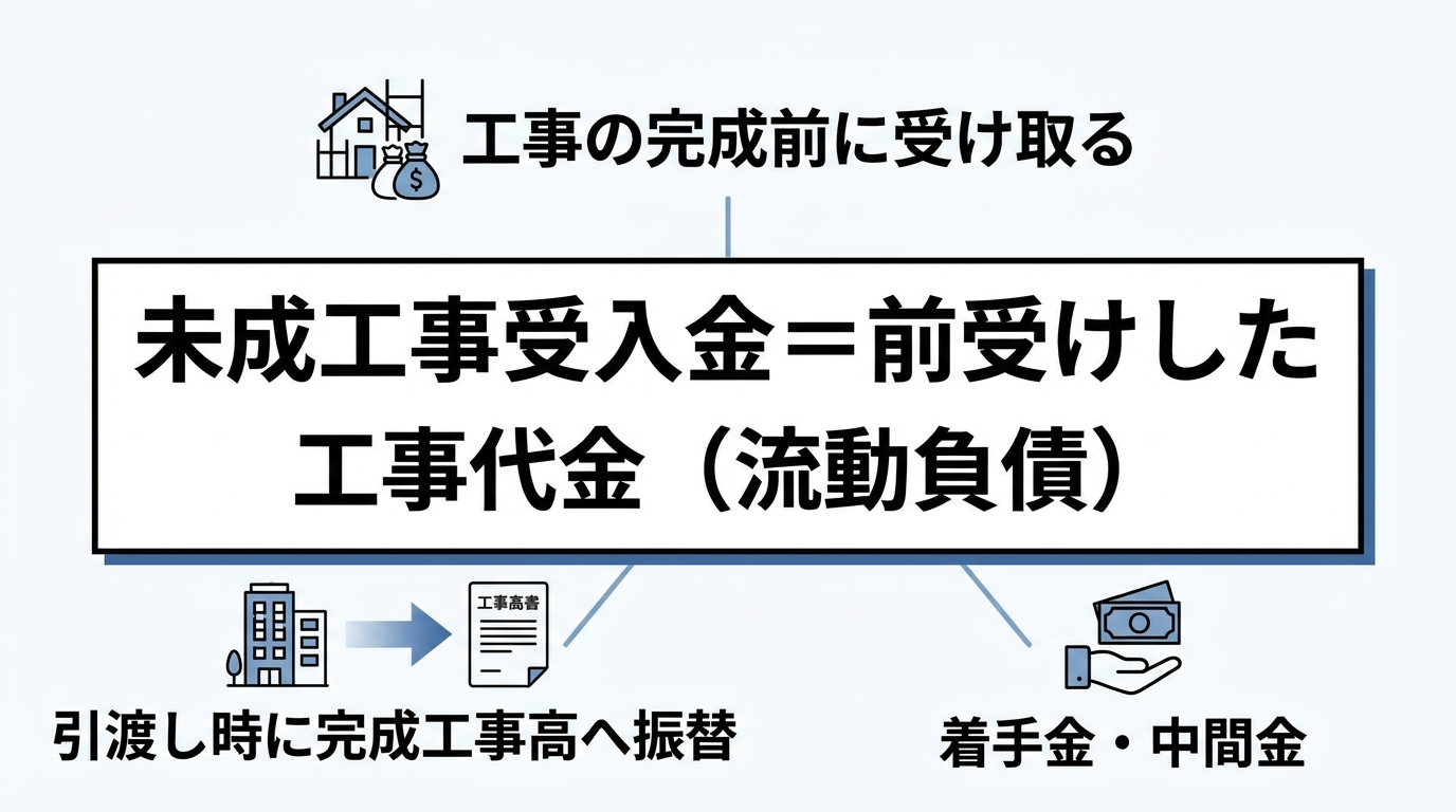未成工事受入金が前受けした工事代金（流動負債）であり、受取から完成工事高への振替までを示す概念図