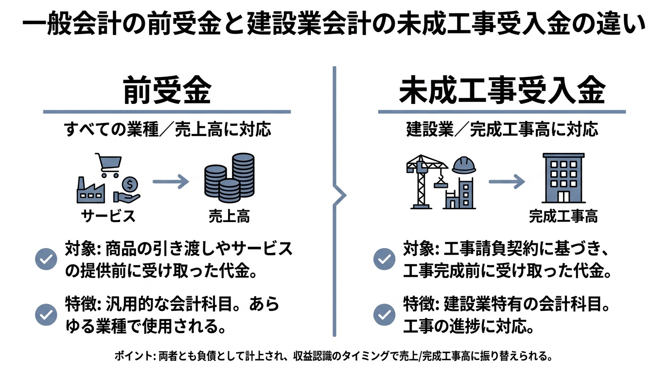 一般会計の前受金と建設業の未成工事受入金を、対象業種や対応する売上科目で対比した比較表