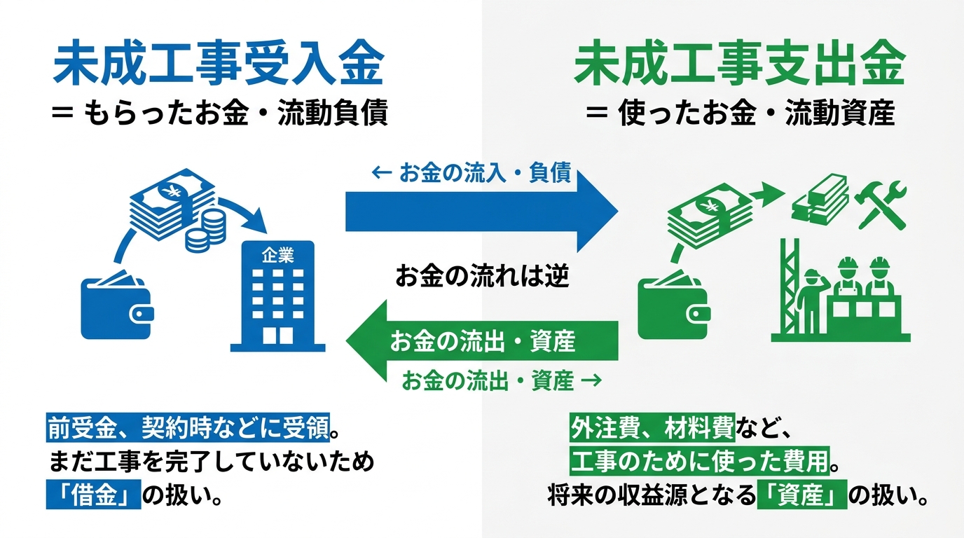 未成工事受入金（もらったお金・負債）と未成工事支出金（使ったお金・資産）をお金の向きで対比した図