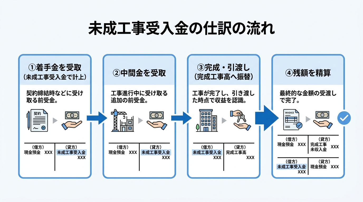 着手金受取→中間金→完成引渡しで完成工事高へ振替→残額精算の4ステップを示す仕訳フロー図