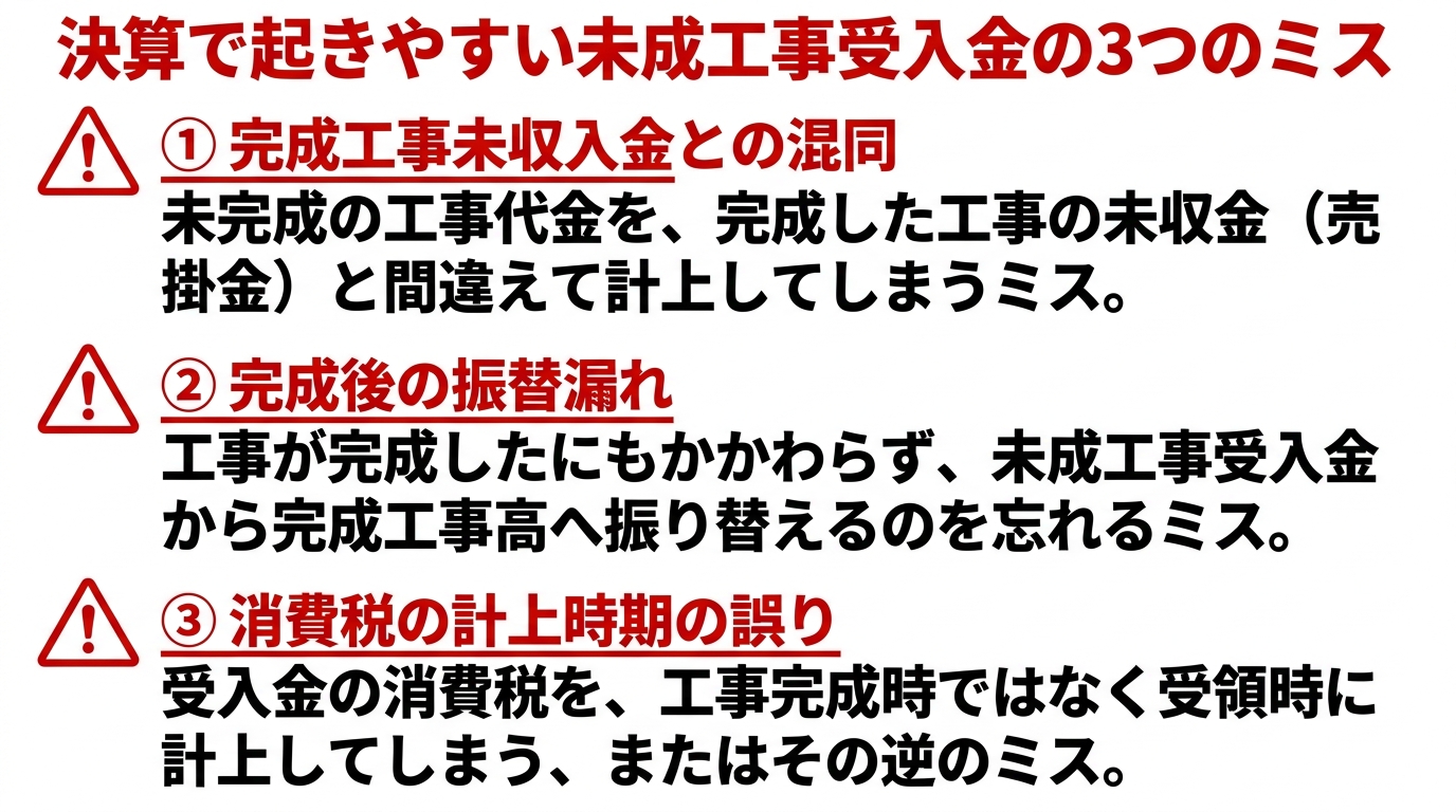 決算で起きやすい3つのミス（完成工事未収入金との混同・振替漏れ・消費税の計上時期の誤り）の一覧