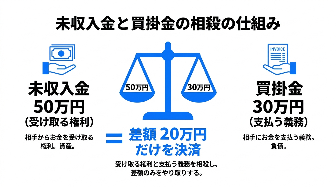 未収入金50万円と買掛金30万円を相殺し差額20万円を決済する相殺の仕組みを示した図