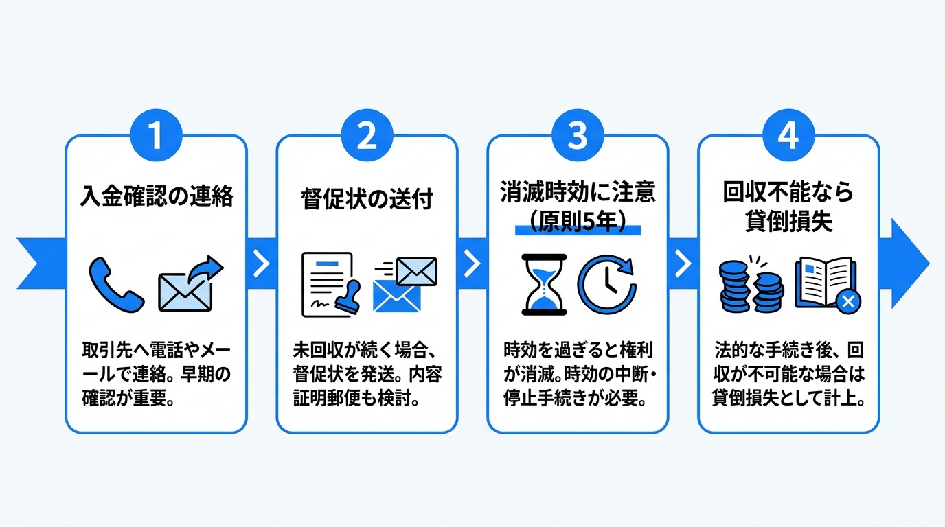 未収入金の回収の流れ(入金確認→督促状→消滅時効の注意→貸倒損失)を示した4ステップ図
