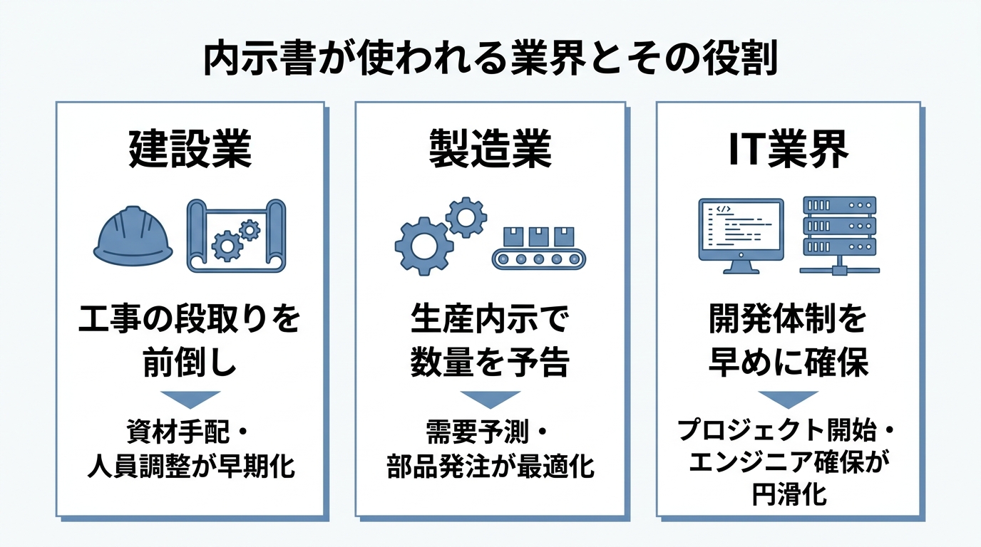 内示書が使われる建設業・製造業・IT業界を3カラムで紹介する図