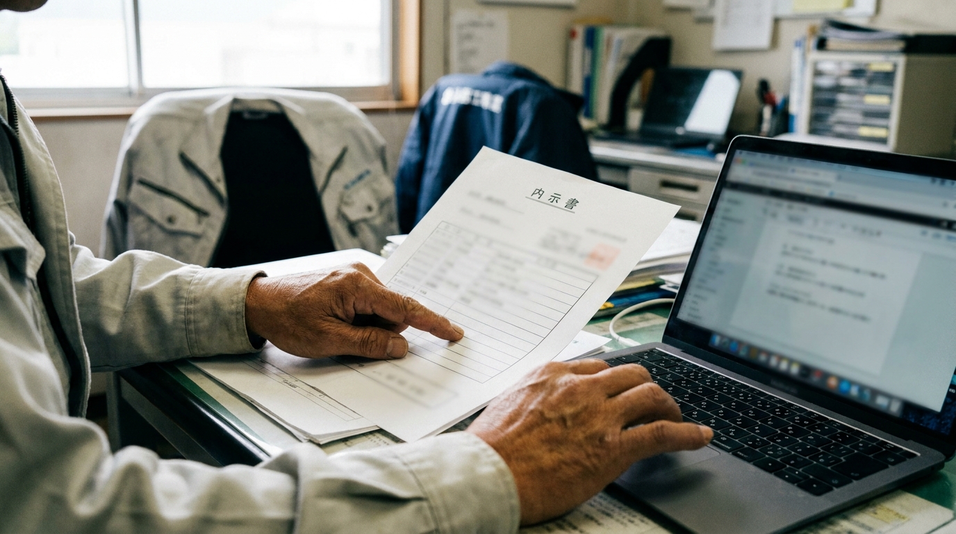 建設会社の事務所で書類とパソコンを見比べて内容を確認する手元の写真