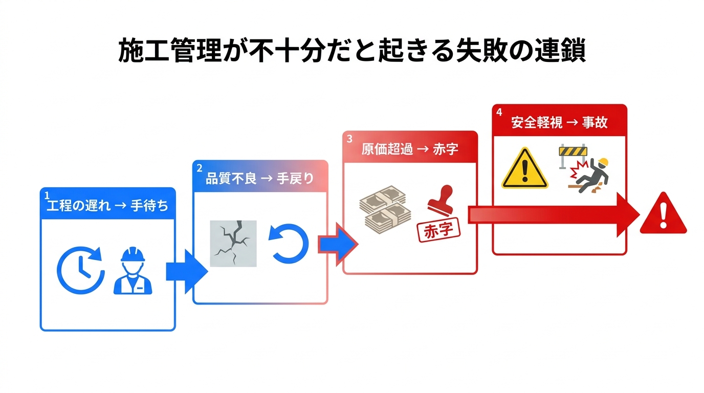 施工管理が不十分だと工程の遅れ・手戻り・赤字・事故へと連鎖する失敗の流れを示した図