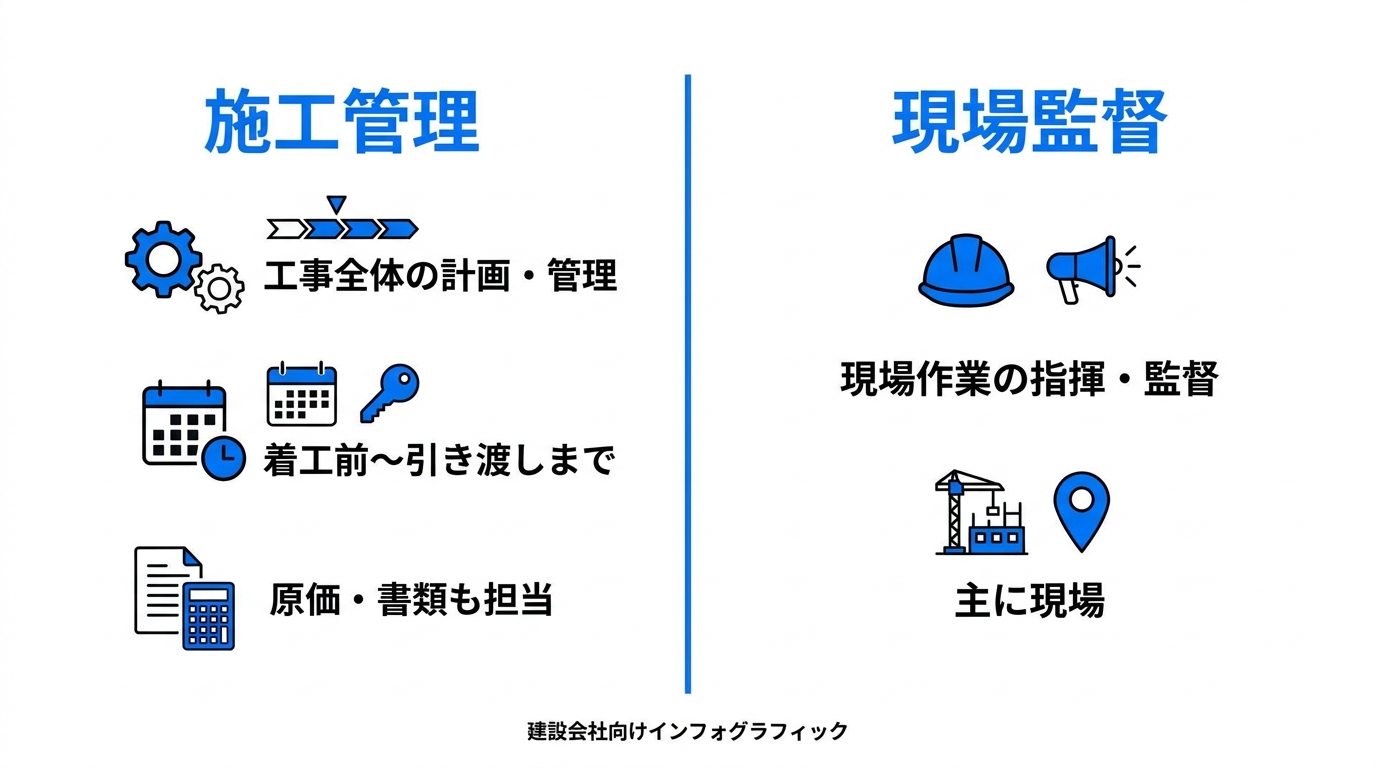 施工管理と現場監督の役割・守備範囲の違いを左右で対比した図