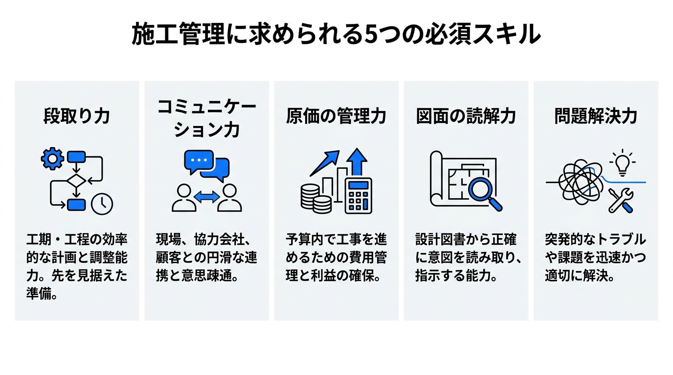 施工管理に求められる5つのスキル（段取り力・コミュニケーション・原価管理・図面読解・問題解決）を示した図