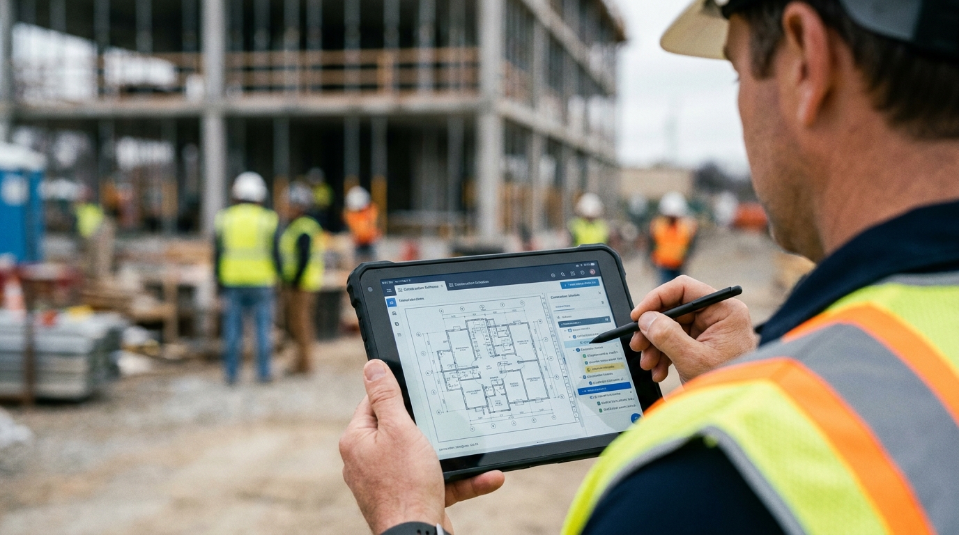 建設現場で監督がタブレットで工程表や図面のデジタル画面を確認している様子