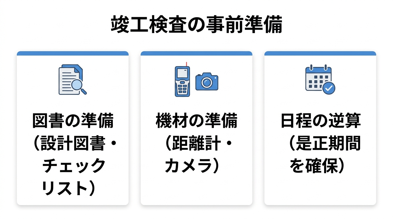 竣工検査の事前準備3項目(設計図書・チェックリストなどの図書、距離計・カメラなどの機材、是正期間を確保する日程の逆算)を示した図