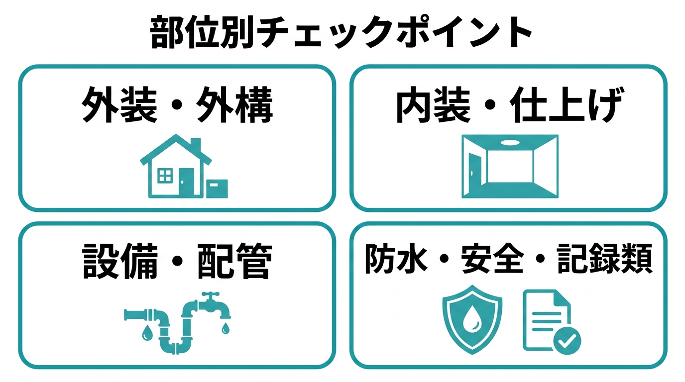 竣工検査の部位別チェックポイント(外装・外構、内装・仕上げ、設備・配管、防水・安全・記録類)を4カードで示した図