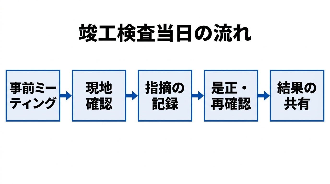 竣工検査当日の流れ(事前ミーティング→現地確認→指摘の記録→是正・再確認→結果の共有)を示すフロー図