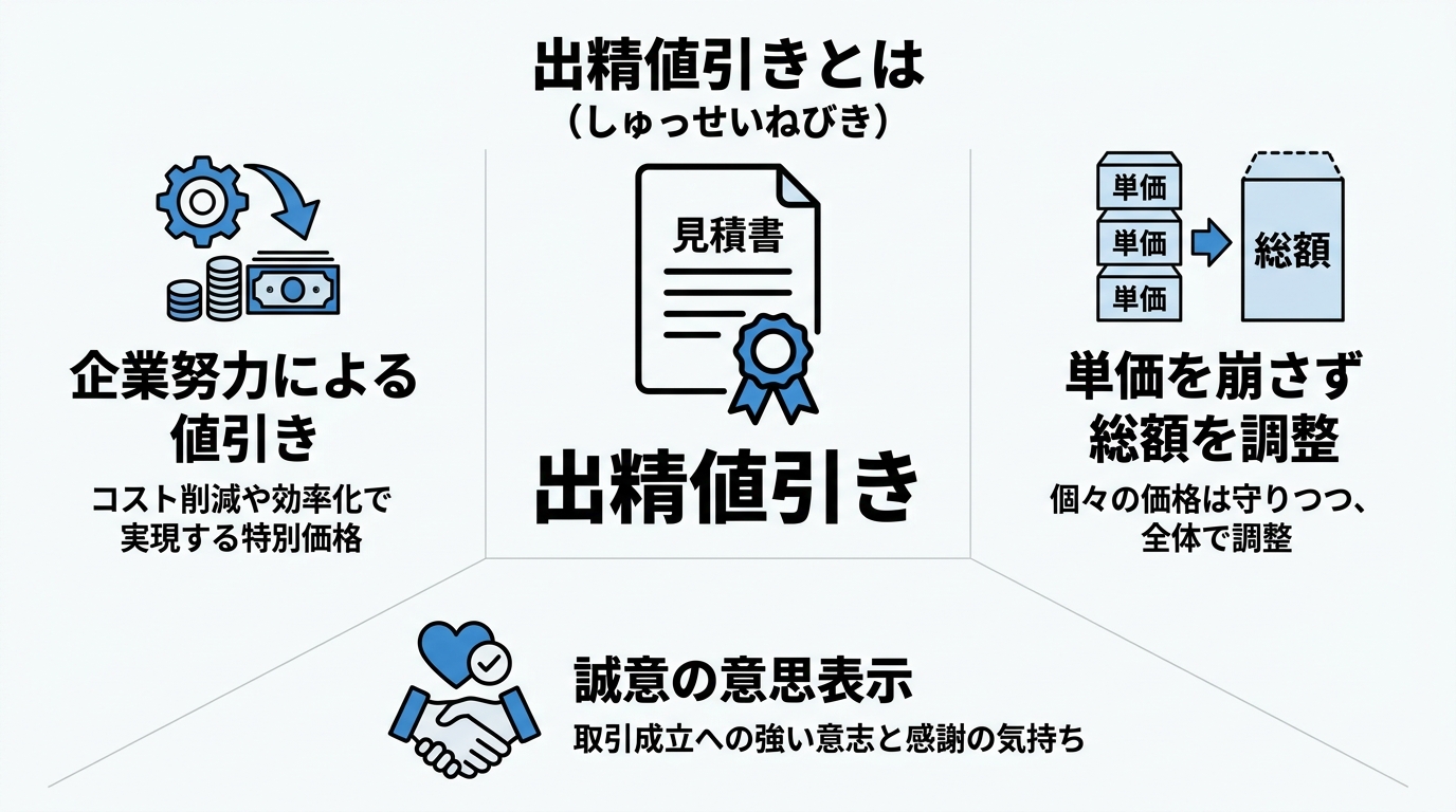 出精値引きの意味（企業努力による値引き・単価を崩さず総額を調整・誠意の意思表示）を整理した概念図