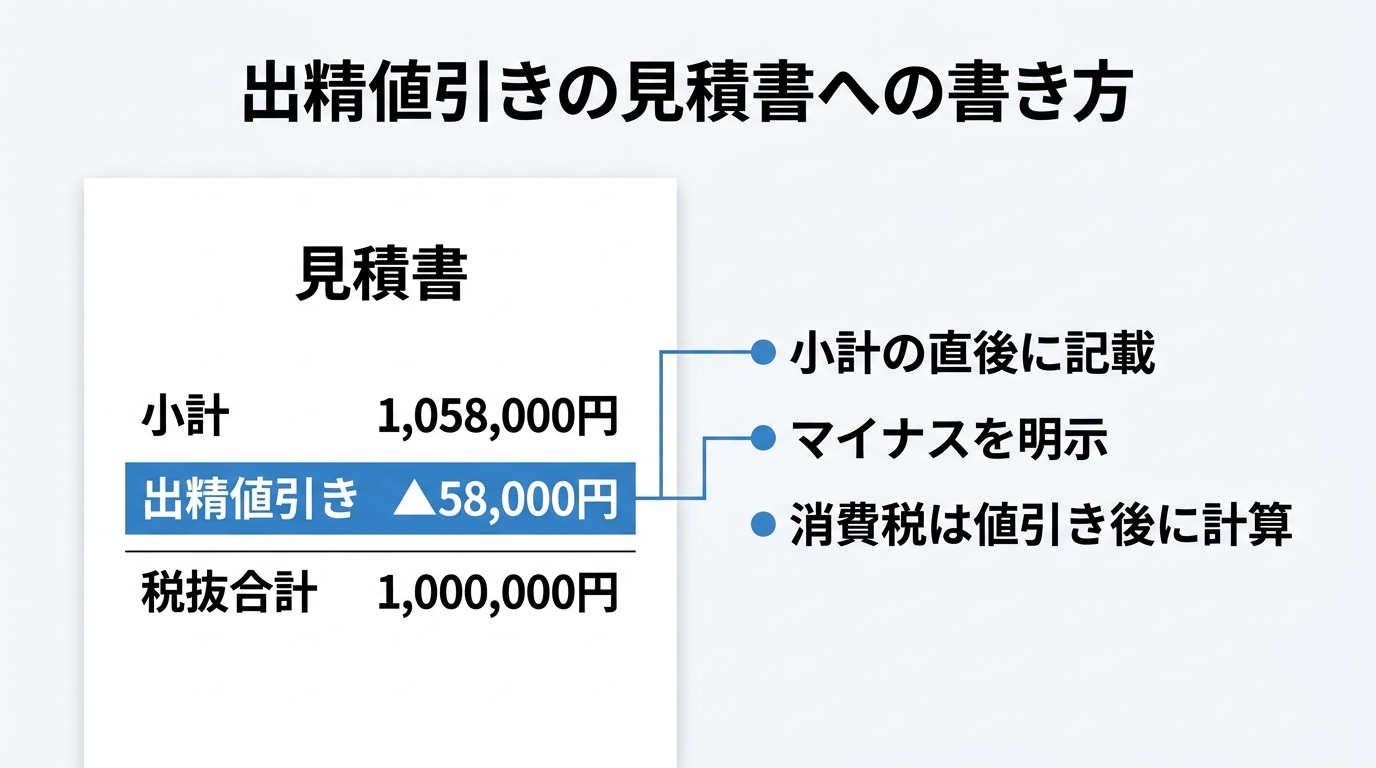 見積書の小計の下に出精値引きをマイナス表記で記載する例と記載ポイント3つを示した図解
