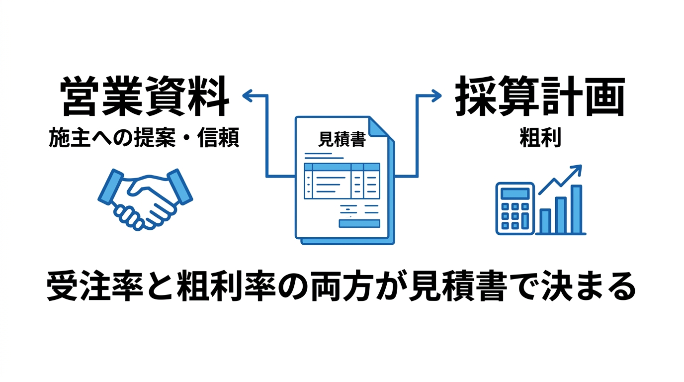 見積書が持つ2つの役割(施主への営業資料と粗利を決める採算計画)を示した図