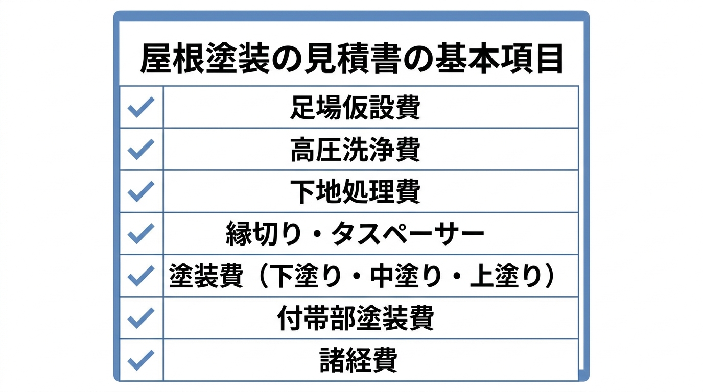 屋根塗装の見積書の基本項目(足場仮設費・高圧洗浄費・下地処理費・縁切りタスペーサー・塗装費・付帯部塗装費・諸経費)のチェックリスト