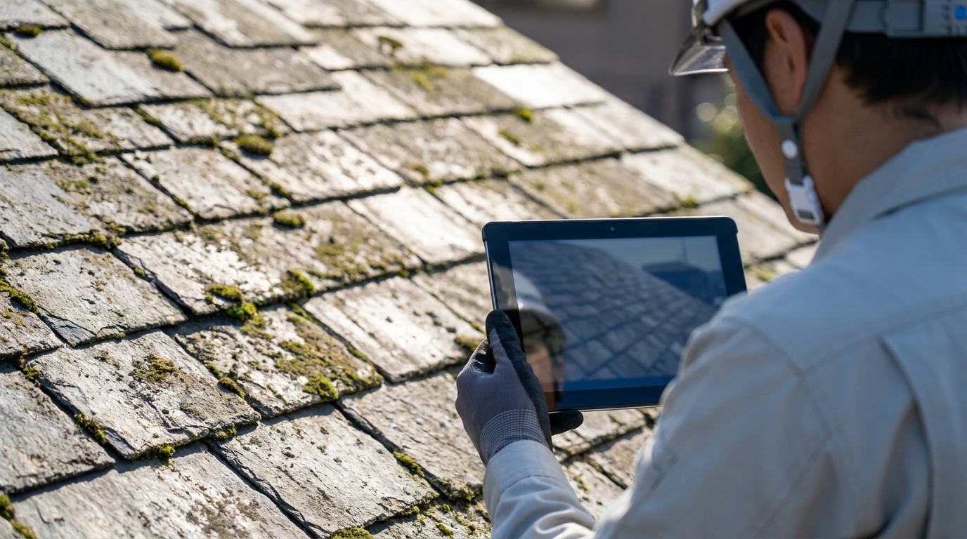コケの生えたスレート屋根の上でタブレットを使い劣化状態を記録する調査員の手元