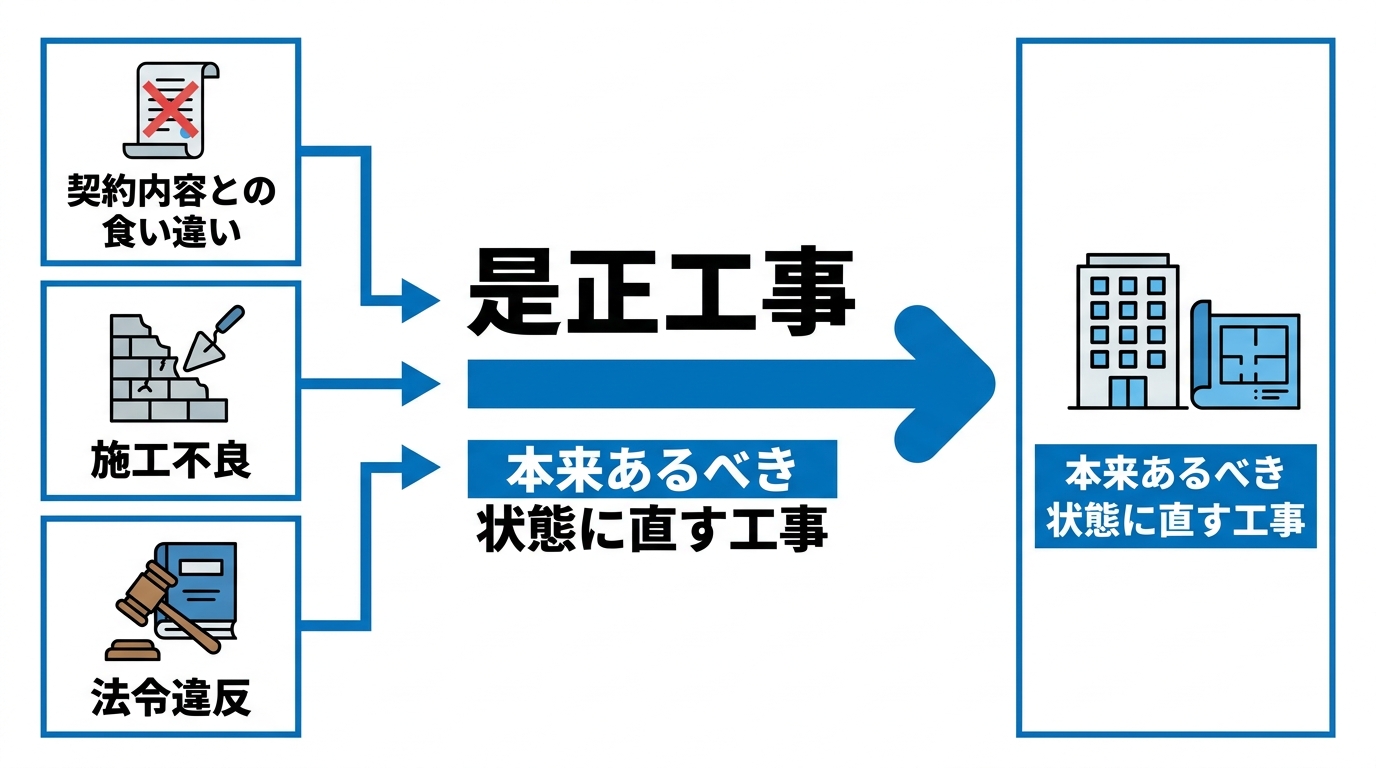 是正工事の定義を示した図(契約内容との食い違い・施工不良・法令違反を本来あるべき状態に直す工事)