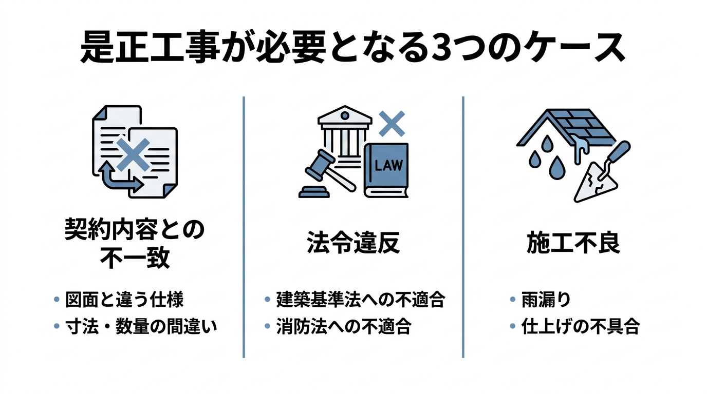 是正工事が必要となる3つのケース(契約内容との不一致・法令違反・施工不良)を並べた比較図