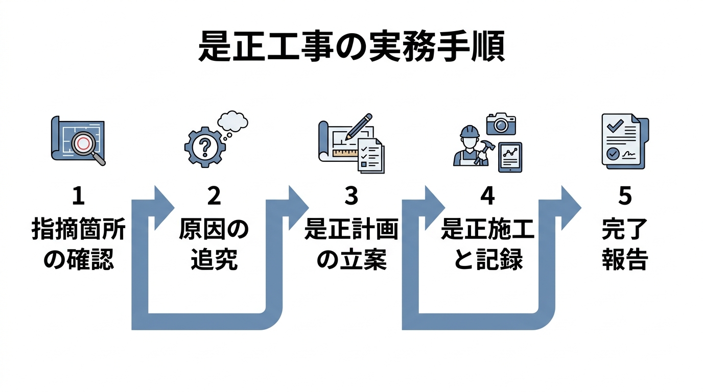 是正工事の実務手順5ステップ(指摘箇所の確認→原因の追究→是正計画の立案→是正施工と記録→完了報告)を示すフロー図