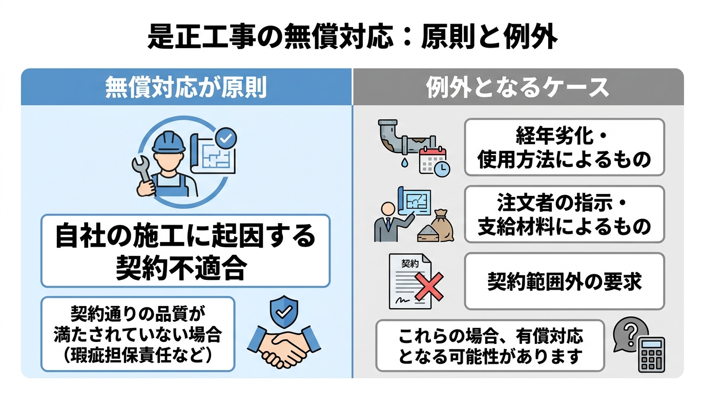 是正工事の無償対応が原則のケースと例外(経年劣化・注文者の指示・契約範囲外)を左右で対比した図