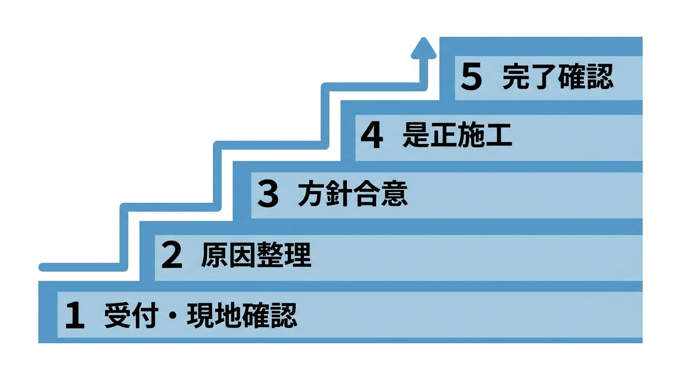 是正工事を長引かせないための5ステップ(受付・現地確認→原因整理→方針合意→是正施工→完了確認)を示す階段状の図