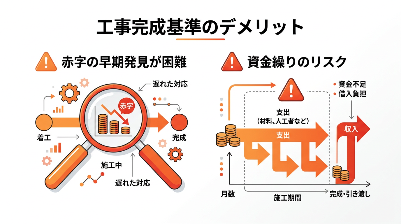 工事完成基準のデメリットの図解：赤字の早期発見が困難、工事期間中の資金繰りリスク