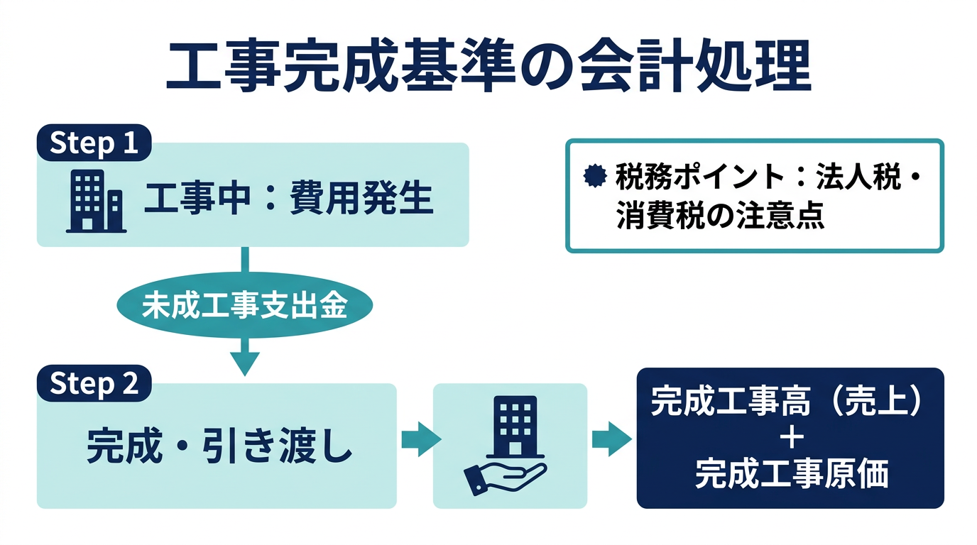 工事完成基準の会計処理の流れの図解：工事中は未成工事支出金に計上し、完成・引き渡し時に完成工事高と完成工事原価へ振り替える