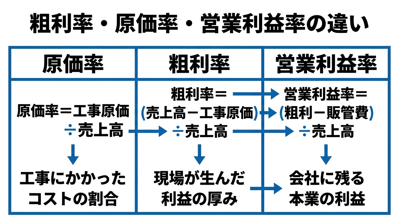 原価率・粗利率・営業利益率の計算式と意味を3カラムで比較した図解