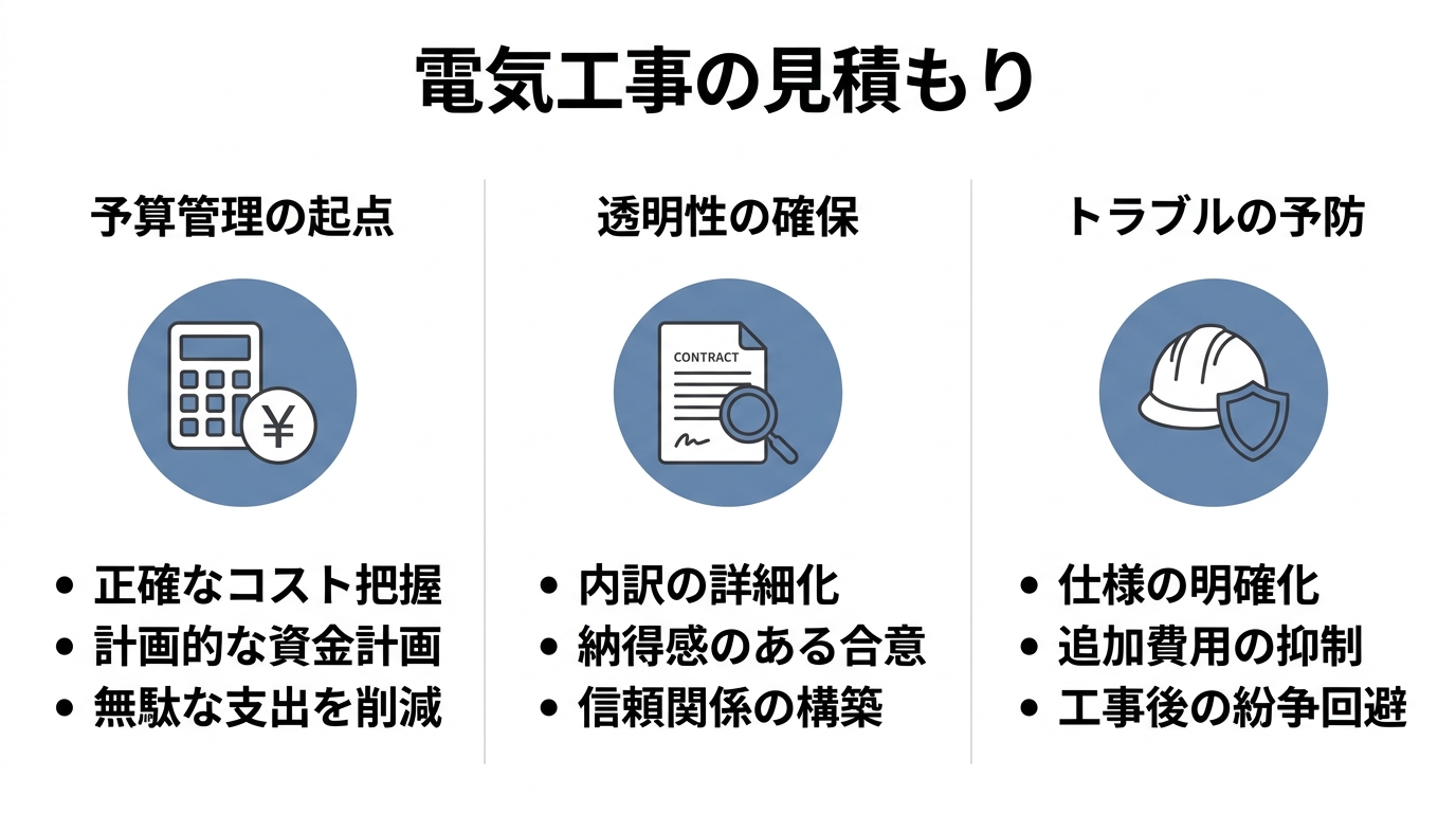 見積もりの3つの役割(予算管理の起点・透明性の確保・トラブルの予防)をアイコン付きで示した図解