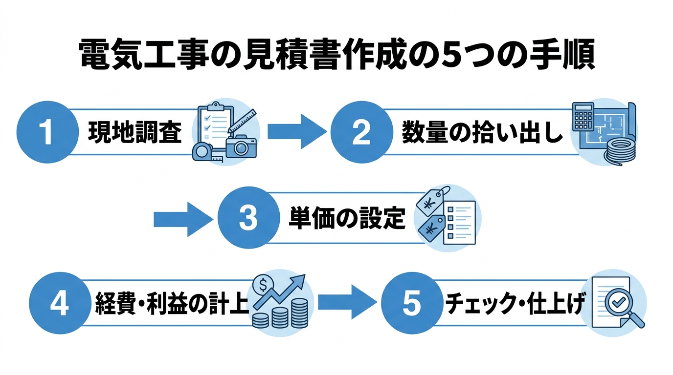 電気工事の見積書作成5ステップ(現地調査→拾い出し→単価設定→経費計上→チェック)を示すフロー図