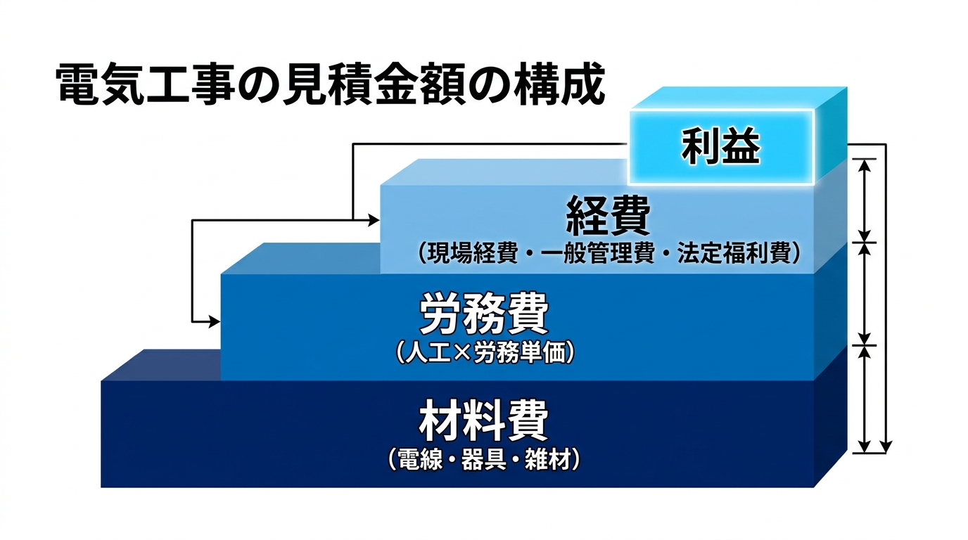 材料費・労務費・経費の3層に利益を積み上げた電気工事の見積金額の構成図