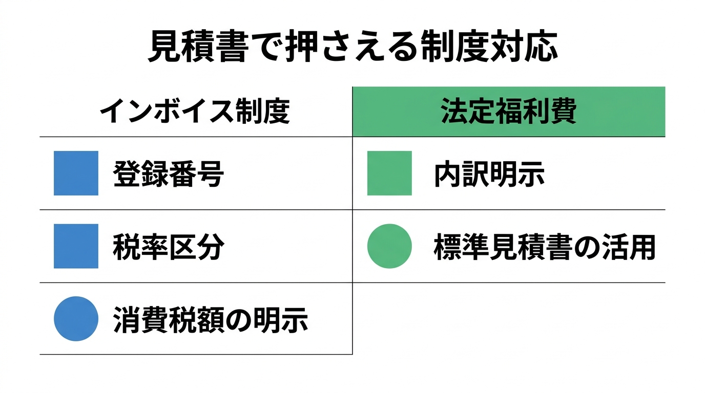 インボイス制度と法定福利費の見積書対応ポイントを左右2カラムで比較した表