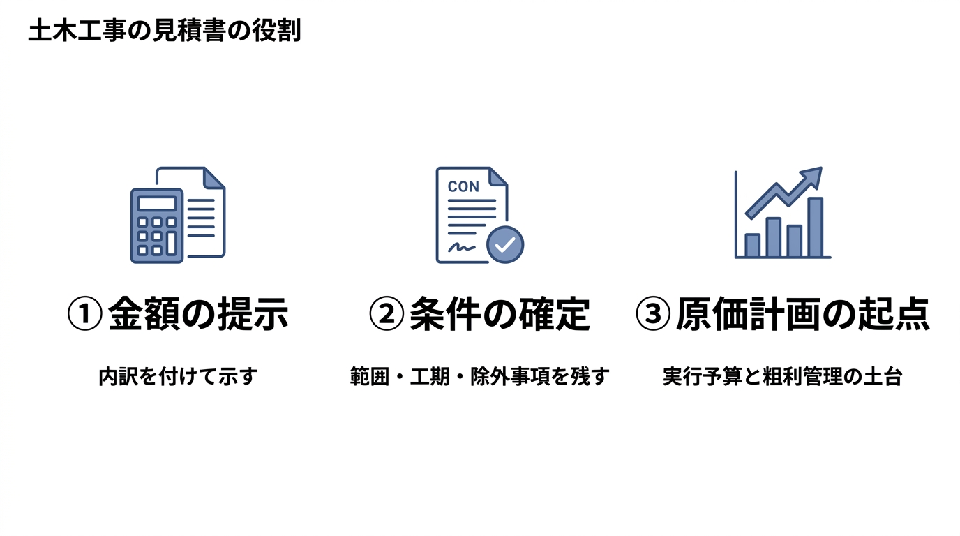 土木工事の見積書の3つの役割(金額の提示・条件の確定・原価計画の起点)をアイコン付きで示した図