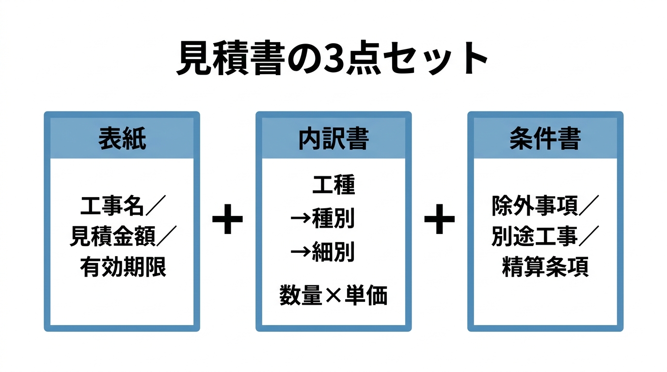 土木工事の見積書の3点セット(表紙・内訳書・条件書)とそれぞれの記載内容を示した図